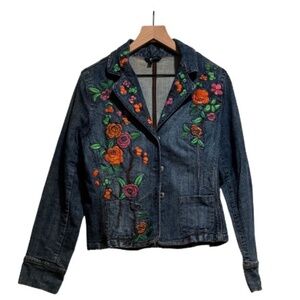 ECI NY Floral Embroidered Denim Jacket Size 10